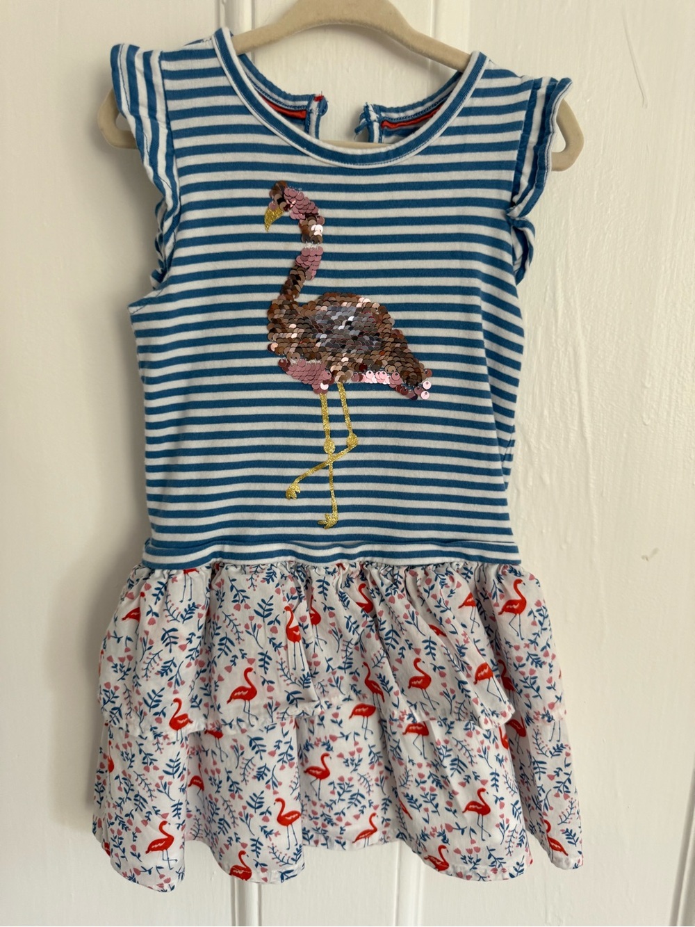 Mini Boden Blue and White Striped Dress with Sequin Flamingo